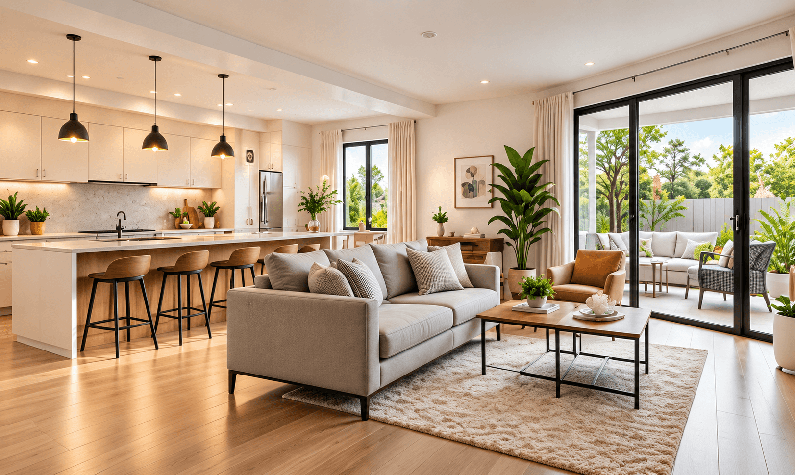 Light-filled kitchen, dining and living spaces