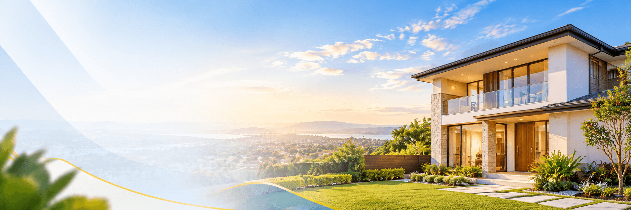 Modern home overlooking the landscape at sunset